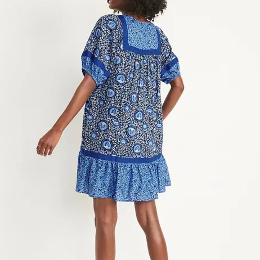 Old Navy Women's Blue Floral Boho‎ Puff-Sleeve Summer Mini Swing Dress Medium - Picture 9 of 9